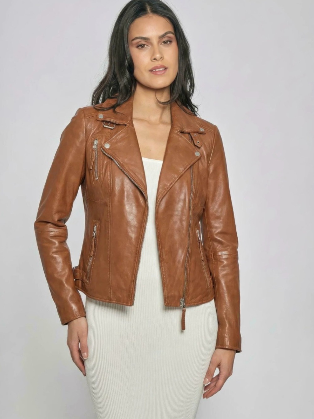 Women's Tan Leather Moto Jacket - Slim Biker Style